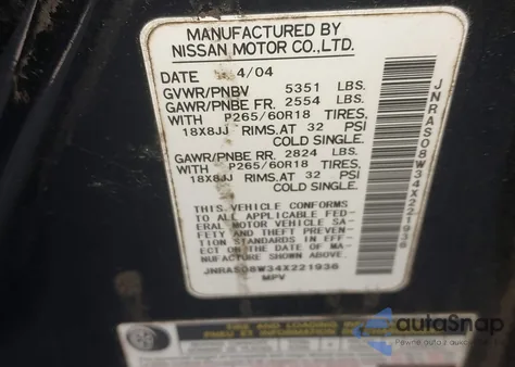 2004 Infiniti Fx35 z USA, uszkodzony, nr VIN JNRAS08W34X221936